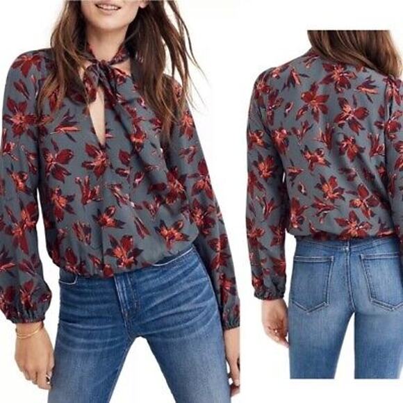 Madewell Gray Winter Orchid Silk Tie-Neck Wrap Blouse - Picture 1 of 12